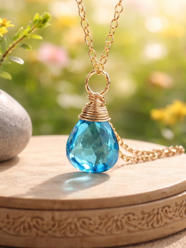 New 14k Rose Gold Swiss Blue Topaz Pendant: December Birthstone Jewelry No Chain